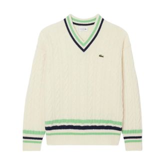 Lacoste V-neck Knitwear, male, Beige, Size: XL Ivory Wool Sweater Classic Style