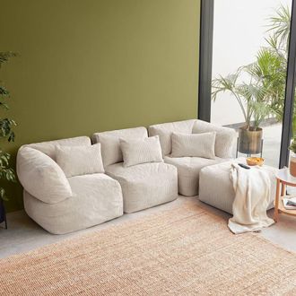 Icon Brand 4pcs Noa Bean Bag, 2x Corner, 1x Recliner, 1x Slab, Jumbo Cord in Cream