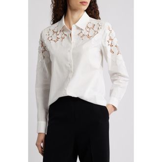 Elie Tahari The Kira Floral Appliqu&eacute; Button-Up Shirt in Sky White at Nordstrom, Size Large
