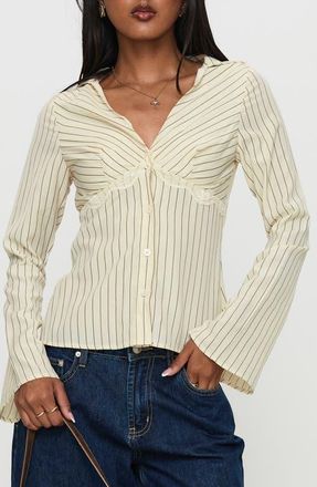 Princess Polly Life Begins Pinstripe Lace Trim Button-Up Shirt in Cream at Nordstrom, Size 12
