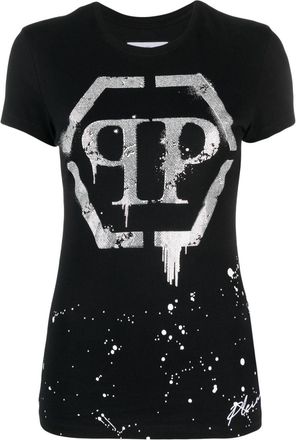 Philipp Plein crystal-embellished logo T-shirt - women - Spandex/Elastane/Polyester - S - Black