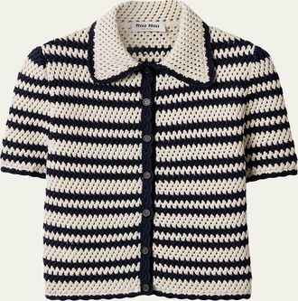Miu Miu Crochet-Effect Short-Sleeve Cotton Cardigan