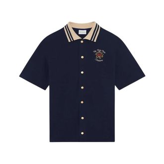 Dr&ocirc;le de Monsieur Chemise Piqu&eacute;e Slogan Rose - Heren - Korte mouwen Overhemden - Blauw - M - Katoen - Overhemden