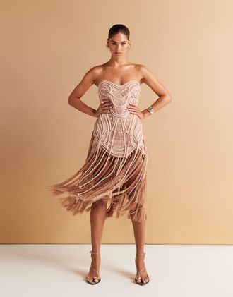 Asos Vestito corto a fascia color bronzo dorato con decorazioni e frange sullorlo-Oro