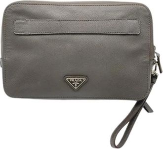 Prada Pre-owned Vintage Saffiano Clutch Bag - Heren - Vintage Clutch - Grijs - ONE Size - Leer - Vintage