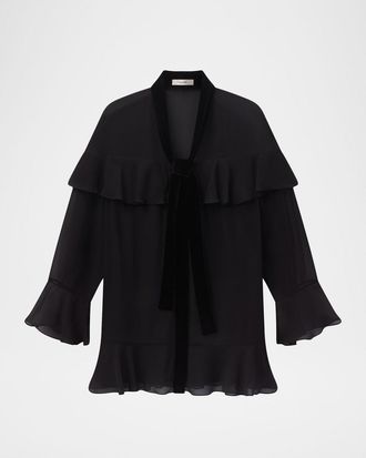 Frame Denim Silk Long-Sleeve Mini Dress with Velvet Tie