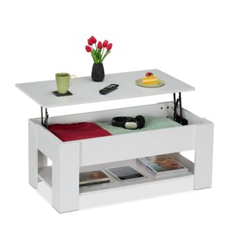 Relaxdays Relaxdays - Mesa de Centro Elevable, Mesita Sofá con Almacenaje y Balda, Mesilla Salón, 42x98x50 cm, Blanco