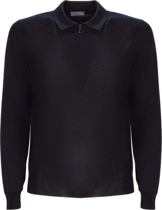 Drumohr Merino Polo met Ritssluiting - Heren - Ronde hals truien - Zwart - M - Wol - Truien & Vesten