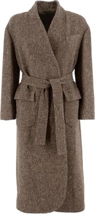 Brunello Cucinelli Bruin Multi Wol Kasjmier Jas - Dames - Jas met riem - Grijs - M - Wol - Jassen
