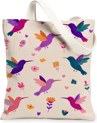 Generic Fanciful Hummingbirds Canvas Tote Bags, Floral Pattern Reusable Grocery Bags, Lightweight Washable Shoulder Strap Canvas Fo, Beige, 13x15 Inch