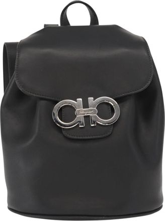 Ferragamo Gancini Flap Drawstring Backpack Leather Black Leather Backpack Bag (Pre-Owned)
