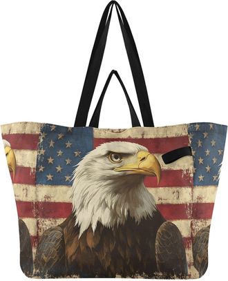 Generic Usa Flag Beige pattern Reusable Canvas Tote Bag, Heavy Duty Grocery Shopping Bag with Double Handles Large Capacity Hard Bottom Work Groceries Travel