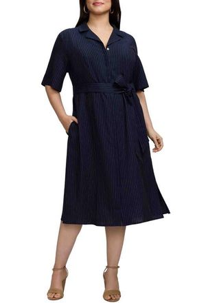 Foxcroft Aniston Stripe Linen Blend Shirtdress in Navy Blue/White at Nordstrom, Size 2X