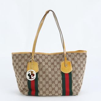 Gucci Brown Yellow Leather Canvas Shoulder Bag Tote Bag (Pre-Owned)