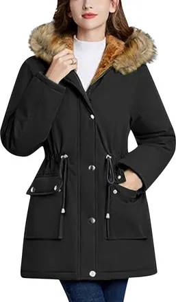 Generic Women Ladies Winter Long Warm Thick Parka Faux Fur Jacket Hooded Coat Waterproof Windbreaks Plus Size Rainproof Trench Coats Fleece Lined Rain Jacket 
