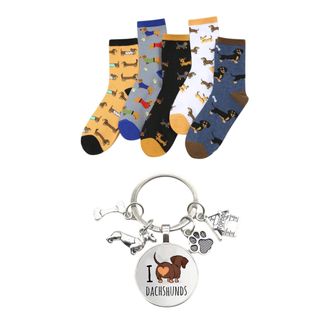Generic Dachshund Sock Box & Charm Keyring. Gift for Sausage Dog Lover. Gift for Dog Walker. UK Size 4-7