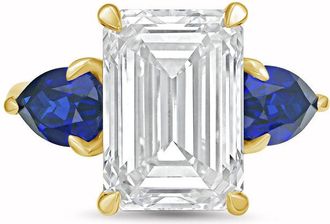 Diana M. Jewels 18kt yellow gold lab grown 10ct emerald diamond ring with sapphire pears on the sides
