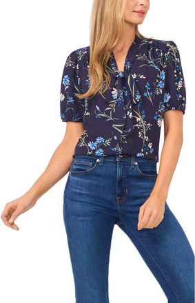 CeCe by Cynthia Steffe Floral Tie Neck Georgette Top in Classic Navy at Nordstrom, Size X-Small