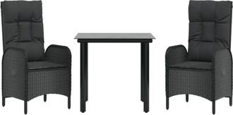 vidaXL Set Comedor De Jard&iacute;n 3 Pzas Con Cojines Rat&aacute;n Sint&eacute;tico Negro Vidaxl