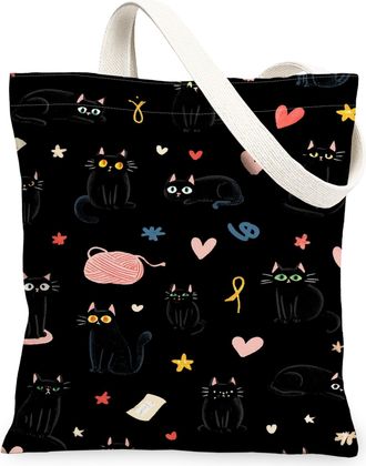 Generic Fanciful Cat Canvas Tote Bags, Cute Kitty Pattern Reusable Shopping Bags, Lightweight Washable Shoulder Strap Canvas for Tr, Black, 13x15 Inch