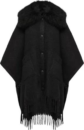 Moncler Moncler Shearling Collar Mohair, Alpaca & Wool Blend Cape, Women, Black, Size: One Size