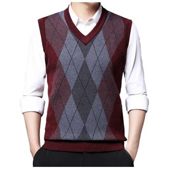 Generic Classic Seeveless Jumpers for Men UK Casual Knitted Gilets V-Neck Sweater Vests Gentleman Plaid Waistcoats Knit Tank Top Plus Size Sleeveless Cardigan