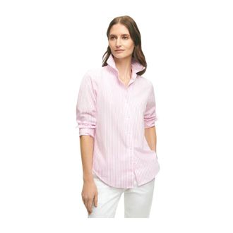 Brooks Brothers Klassiek model non-iron gestreept stretch poplin Supima overhemd met buttondownkraag - Dames - Overhemden - Roze - 2XS - Katoen - Overhemden