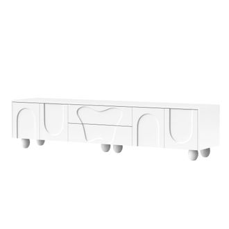 Urban Meuble Mueble TV blanco 4 puertas geom&eacute;tricas talladas patas esf&eacute;ricas