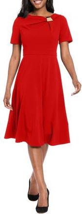 London Times Hardware Detail Short Sleeve Fit & Flare Midi Dress in Molten Lava at Nordstrom Rack, Size 10P