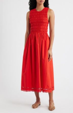Madewell The Embroidered Melody Smocked Midi Dress in Wild Poppy at Nordstrom, Size Xx-Small