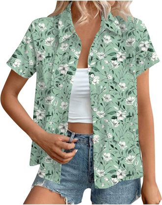 Generic Hawaiian Button Down Shirts Women Sale,Summer Floral Printed Short Sleeve Blouses 2025 Trendy Loose Lapel Soft Cool Beach Vacation Tops Boho Going Out