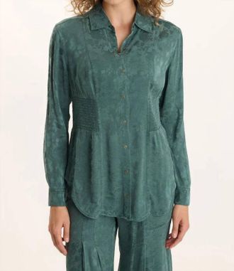 Xcvi Senneca Textured Satin Shirred Peplum Blouse In Ocean Storm Pigment