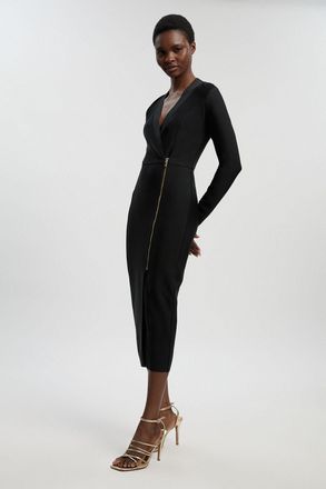 Karen Millen Womens Petite Figure Form Bandage Asymmetric Zip Detail Midi Dress - Black - Size 14 UK