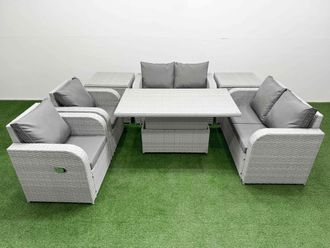 Fimous 6 Seater Outdoor Reclining Chair Love Sofa Set Rattan Garden Furniture Set w/ Adjustable Lifting Dining or Coffee Table 2 Side Tables Light
