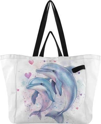 Generic Dolphin Pink Heart print Reusable Canvas Tote Bag, Heavy Duty Grocery Shopping Bag with Hard Bottom Large Capacity Double Handles Work Groceries Trave