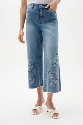 Joseph Ribkoff Repreve Denim Wide Leg Crop Jeans With Embroidery In Blue
