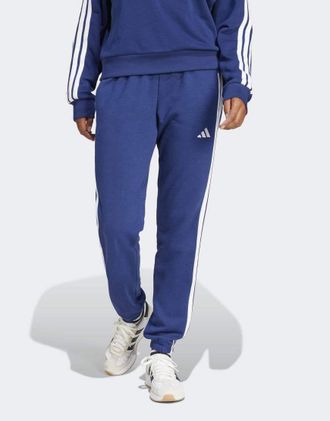 adidas Essentials - Pantaloni in French Terry blu scuro e bianco con polsino e 3 strisce