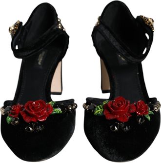 Dolce & Gabbana Black Velvet Roses Ankle Strap Pumps Womens Shoes