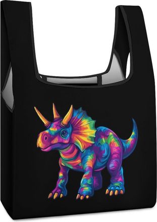 Generic Tie Dye Triceratops Dinosaur Shopping Bag Reusable Grocery Tote Bag Foldable Handbag for Travel Picnic
