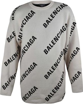Balenciaga All-Over Logo Crewneck Knit - Heren - Ronde hals truien - Wit - S - Katoen - Truien & Vesten