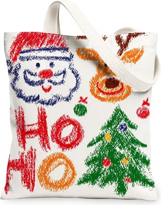 Generic Holiday Fun Canvas Tote Bags, Merry Christmas Drawings Reusable Grocery Bags, Seasonal Lightweight Washable Shoulder Strap, White, 13x15 Inch