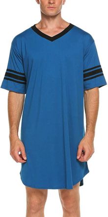 Feoya Mens Nightshirts Short Sleeve Nightgowns Loose Half Button Long Sleepwear for men Pyjama Top for Home Hospital XXL Blue
