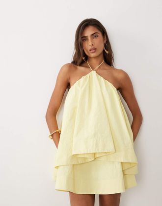 Asos Vestito corto a trapezio allacciato al collo giallo tenue