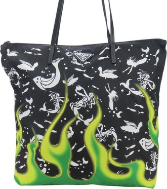 Prada Black Green Nylon Leather Tote Bag (Pre-Owned)