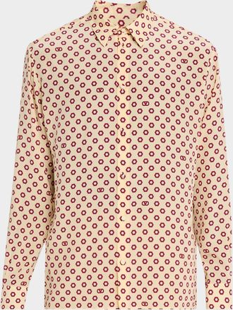 Valentino Garavani Mens Geometric VLogo Crepe De Chine Silk Dress Shirt