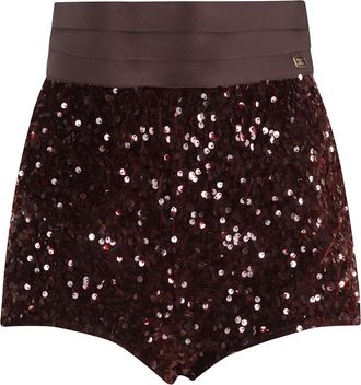 Elisabetta Franchi Merlot Paillet Shorts met knoopzakken - Dames - Bermuda - Rood - L - Polyester - Korte Broeken