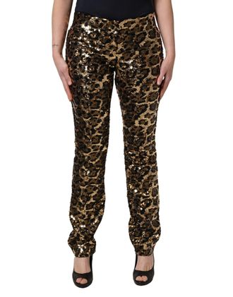 Dolce & Gabbana Womens Gold Leopard Sequined Trousers Polyester Silk