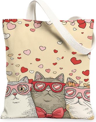 Generic Cute Cats Canvas Tote Bags, Feline Heart Pattern Reusable Grocery Bags, ValentineS Day Lightweight Washable Shoulder for T, Beige, 13x15 Inch