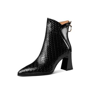 TinaCus Embossed Patent Leather Womens Pointed Toe Handmade Back Zipper High Block Heels Ankle Boots, Black, 8 UK