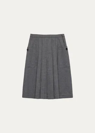 Prada Pleated-Front Wool A-Line Skirt